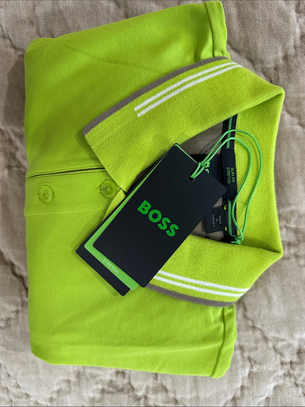 Boss Men's Neon Lime Polo with Striped Collar
